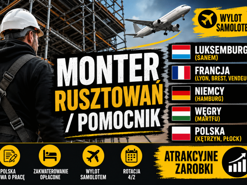 Monter Rusztowań / Pomocnik - Luksemburg / Francja / Niemcy / Węgry / Polska- wylot samolotem