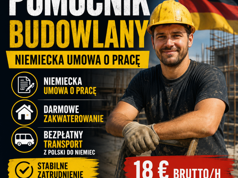 Pracownik ogólnobudowlany / Pomocnik – Niemcy - 18€ brutto/h + darmowe zakwaterowanie - niemiecka umowa